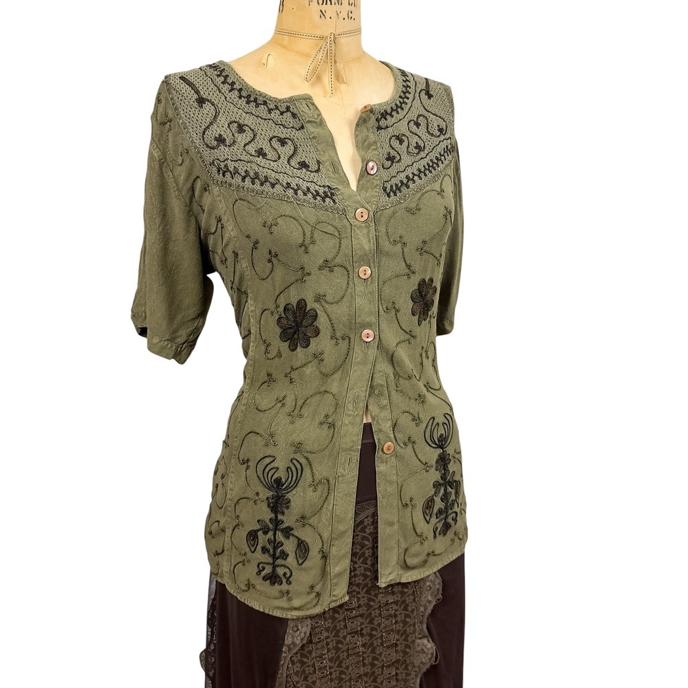 Vintage Olive Green Embroidered Boho Blouse Button Up Forest Folk Prairie OS